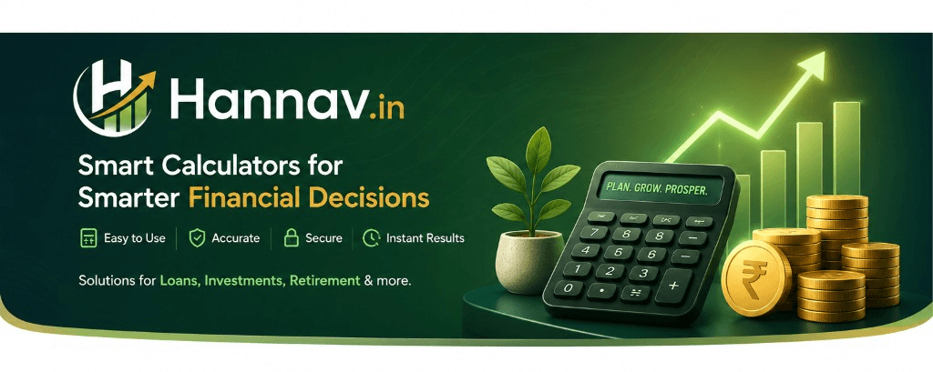 Hannav.in banner with financial calculators, growth charts, and rupee coins for loans, investments, and retirement